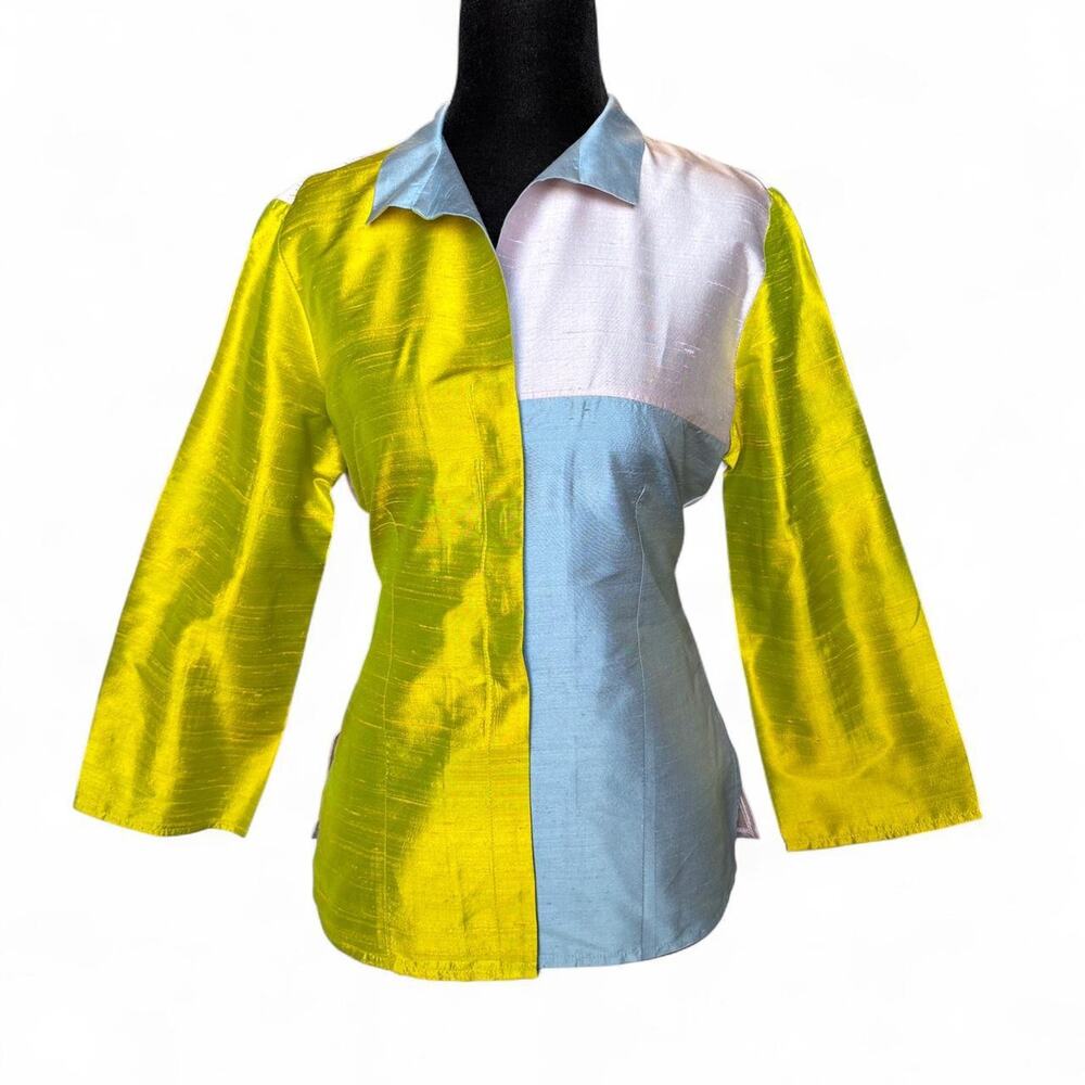 Vintage Yellow Blue Two-Tone Blouse size medium